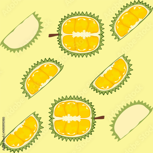 Seamless pattern vector illustration with cute durian pieces and whole fruit, the king of fruits, with thorns in a fun, colorful style. Suitable for fabric, packaging and summer related works.