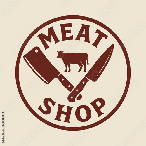Meat store logo with cow and knives. Vector illustration.