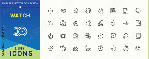 Watch icon set. Contain linear symbols hour, clock, day, dial, timer and more. Time And Clock icon set. Thin UI icons. Pixel perfect. Editable vector.