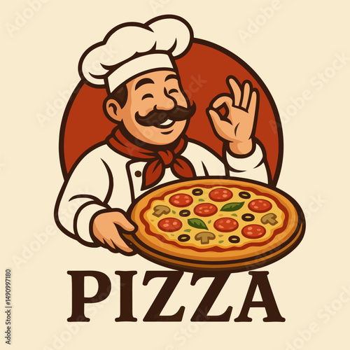Smiling chef holding delicious pizza and making OK hand gesture.