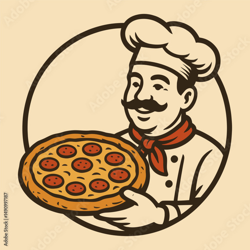 Retro style chef presenting hot pepperoni pizza in logo.