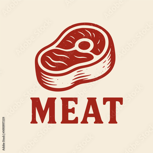 Red raw meat steak illustration in bold vintage engraving style.