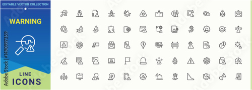 Set of Warning line icon. Pictograms of alert, caution, exclamation, signal, warn and more. Minimalist icons pack. Notification modern icon set. Signs for web and mobile app.