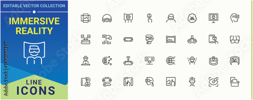 Immersive Reality icon collection. Contains such icons as augmented reality, tech, virtual, view, panoramic and more. Virtual Reality line icon set. Outline symbol collection. Editable vector.
