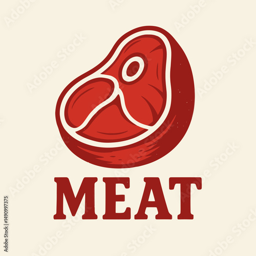 Red steak meat illustration with bold text and clean style.