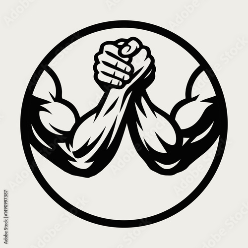 Two muscular arms in handshake position in bold graphic icon.