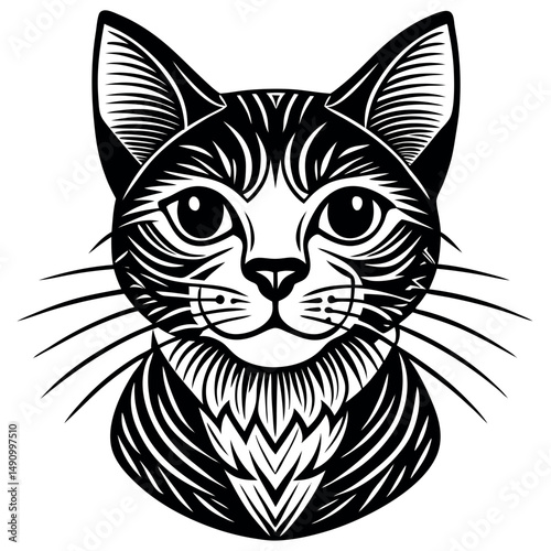 Cat illustration featuring detailed line art in black and white with a focus on the facial features and expressions of the creature Generative AI