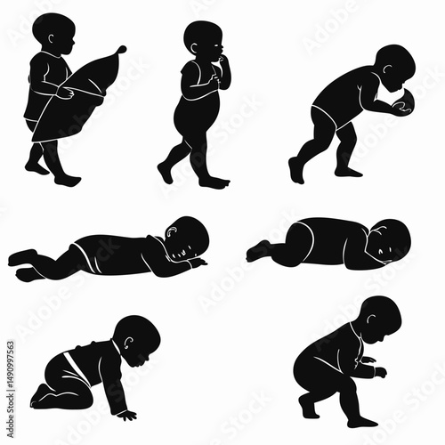 baby silhouettes standing, sitting, crawling, and lying down, vector illustration.