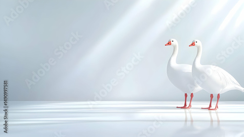 Two White Geese in Soft Sunlight on a White Floor
