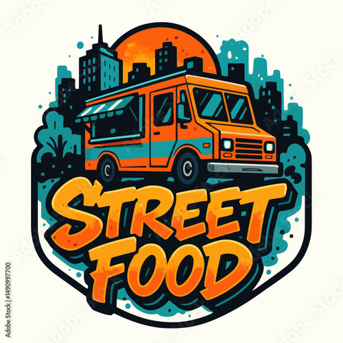 City food truck with bright colors and urban skyline design.