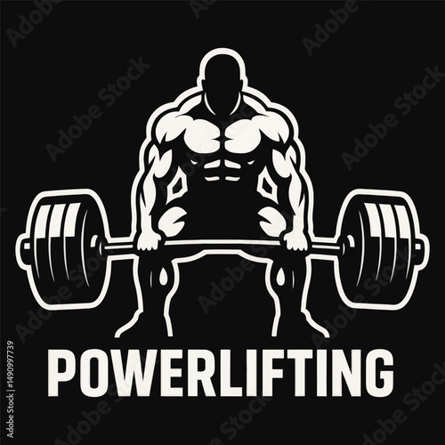 Strong lifter with heavy barbell in black and white logo.