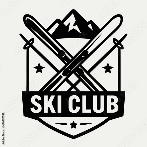 Black and white logo with skis, poles, and mountain peaks.