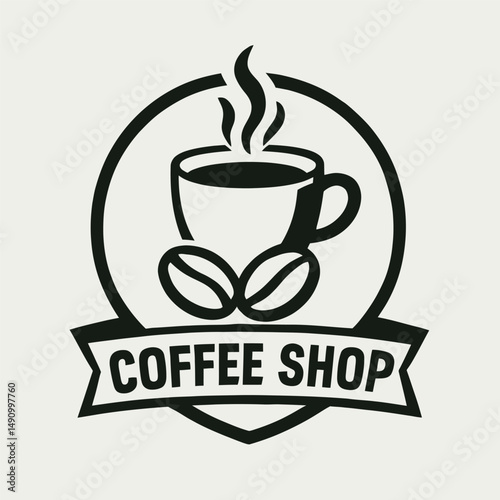 Black and white coffee shop logo with cup and steam design.