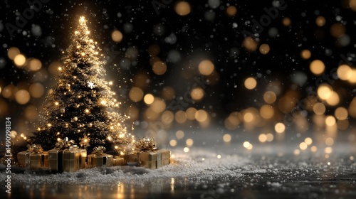 A minimalist Christmas background with black backdrop, a Christmas tree made of golden lights, gift and snowflakes elegant luxury and modern background