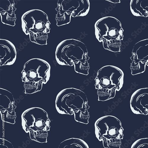 WebVector abstract pattern in punk style. Seamless pattern consisting of skulls in light colors on a dark background is suitable for printing and will decorate any project.