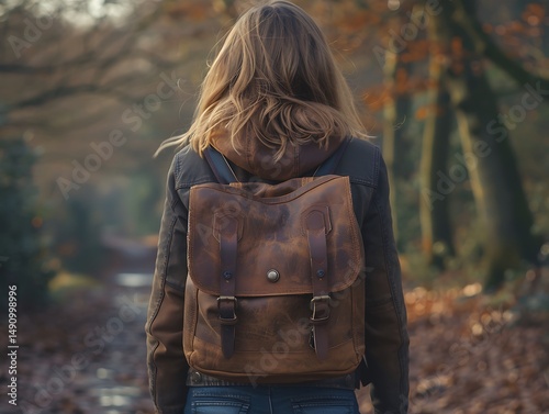 Woman hiking with leather backpack in autumn forest