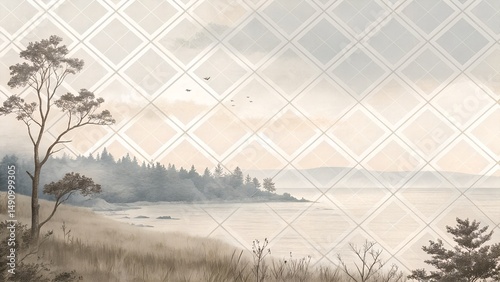Serene coastal landscape illustration featuring gentle waves lapping at the shore, with distant trees and soft pastel hues creating a tranquil atmosphere for relaxation and inspiration