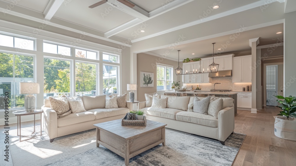 Fototapeta premium Bright and airy open concept living space with kitchen in background