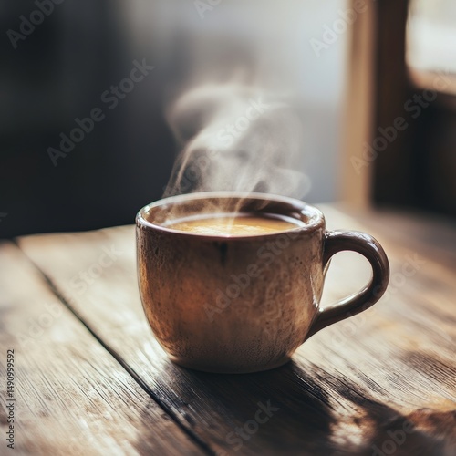 Coffee cup with steam on wooden table in coffee shop.