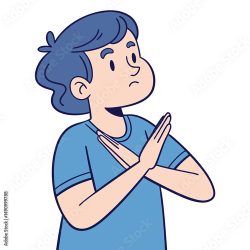 A person with blue hair, wearing a blue short-sleeve shirt, with both hands crossed in front of their chest.