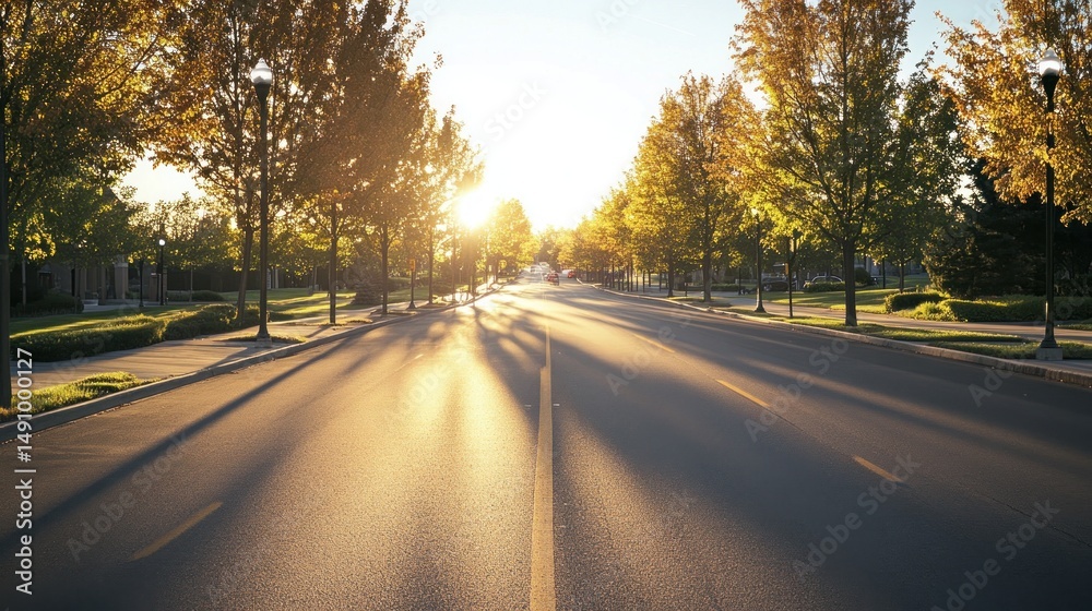 Fototapeta premium Sunlit autumn street with long tree shadows creates inviting journey