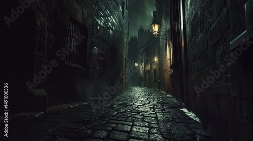 Eerie cobblestone street illuminated by antique gas lamps in a historic district photo