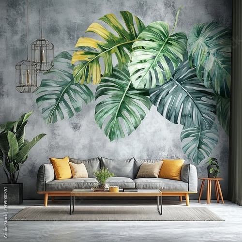 Interior design modern living room with gray sofa and green tropical leaves