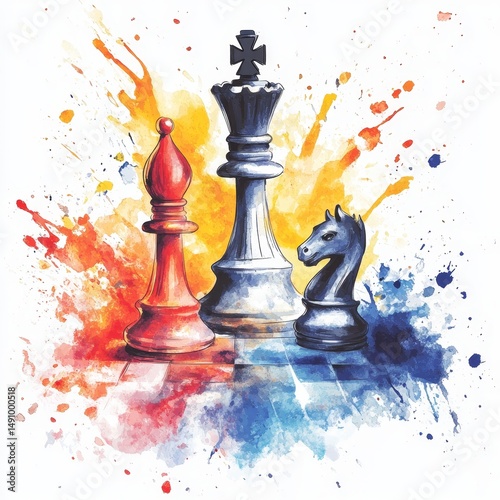 Watercolor painting of chess pieces on watercolor background. Vector illustration.