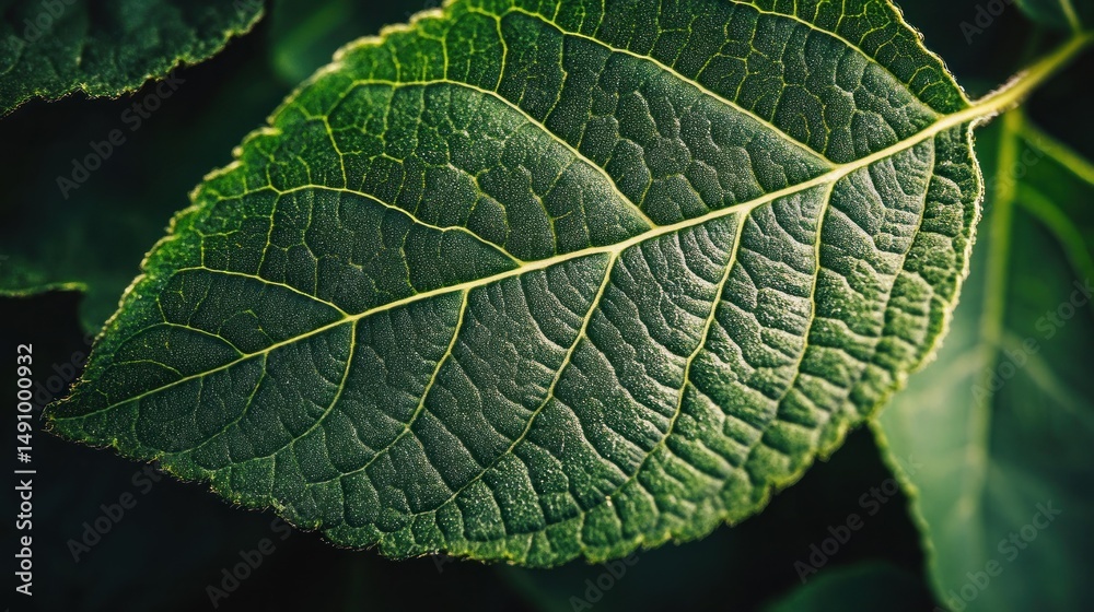 Detailed close-up showcasing a vibrant green leaf with intricate vein patterns Detailed close-up showcasing a vibrant green leaf with intricate vein patterns