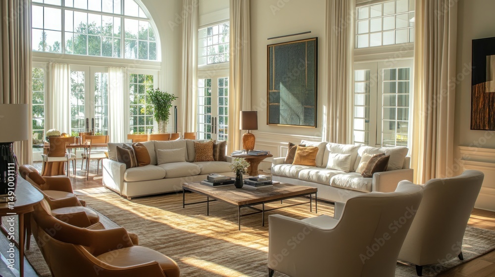 Luxurious living space showcasing upscale interior design and natural sunlight Luxurious living space showcasing upscale interior design and natural sunlight