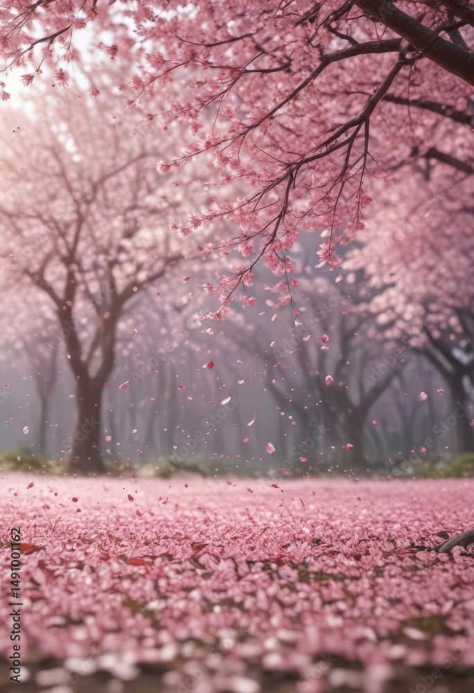 Naklejka premium Falling sakura petals, blurred spring scene, predominantly pink hues , macro, blurred