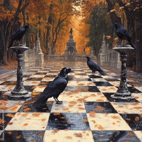 Black ravens on a chessboard in an autumn park, 3d render
