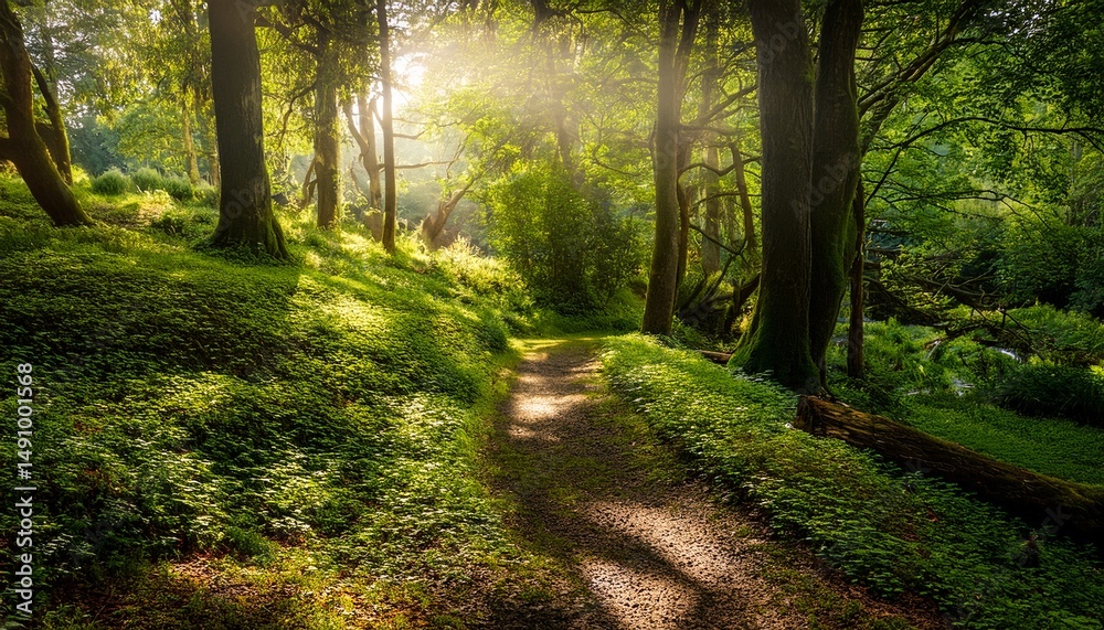Obraz premium sunlit forest path lush green undergrowth dappled light nature background tranquility