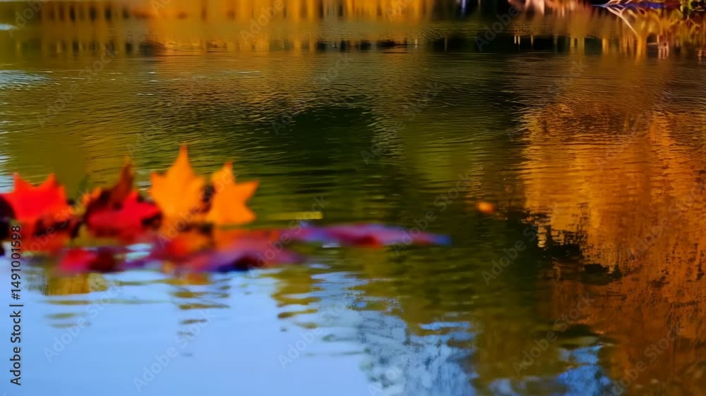 Vibrant autumn maple leaves float serenely on a calm reflective water surface in colorful natural light