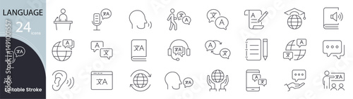 Language icon set. Communication related line icons: speech bubble, translation, dictionary, alphabet, conversation, voice, writing, education, learning and more. Editable stroke.