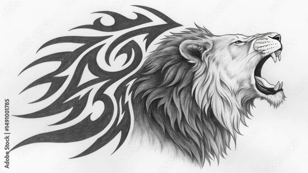 Obraz premium Roaring lion pencil sketch with tribal mane design, fierce black and white tattoo art concept 