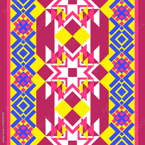 seamless ethnic geometric pattern, Native American tribal fabric, Native weaving, Yellow, pink, blue, ethnic boho indian, rugs, wallpaper, embroidery, vector illustration design, cards, picture books