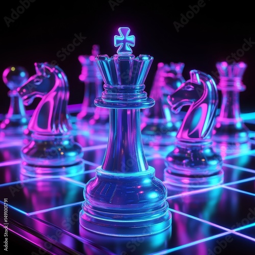 Digital illustration of a chess king in blue and purple light against black background