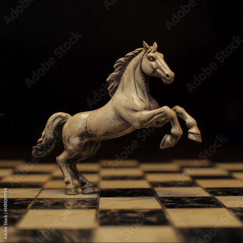 Chess horse on a chessboard, black background, business concept