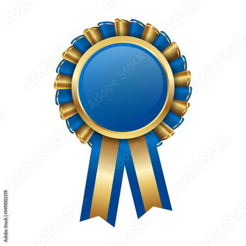 Gold medal with a blue ribbon badge or label illustration
