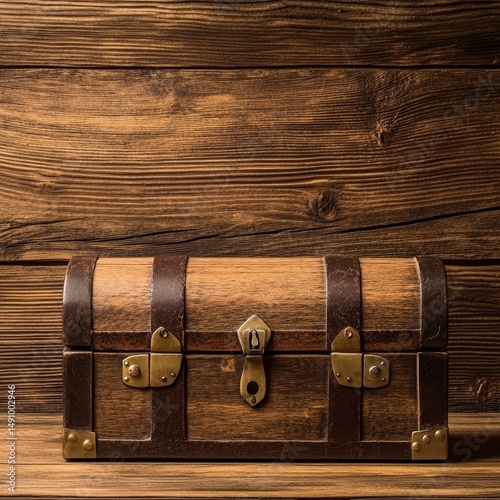 Treasure chest on wooden background with copy space for your text.