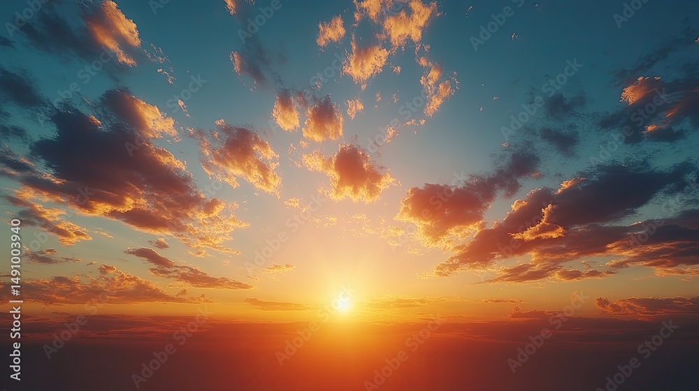 Fototapeta premium Vibrant sunset with fiery orange and blue hues, fluffy clouds fill the sky.