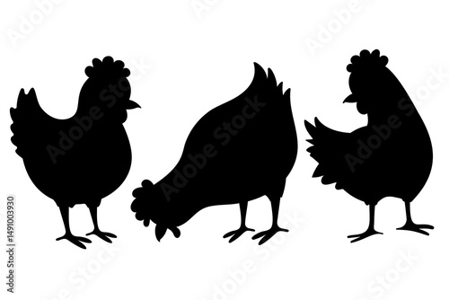 Chicken black silhouettes isolated white background. Hen Silhouett Illustration, Cartoon Clipart, Line Art, Printable Graphic Design