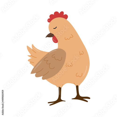 Cute hand drawn hen on white background. Flat Chicken vector illustration in children's style.