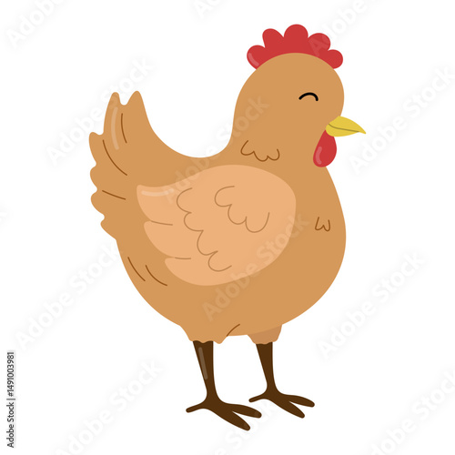 Cute hen in flat style on white background. Hand drawn Chicken vector illustration in children's style. Farm animal concept
