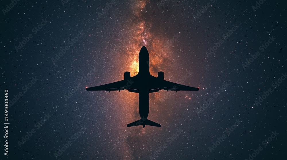 Naklejka premium Airplane Silhouette Against Milky Way