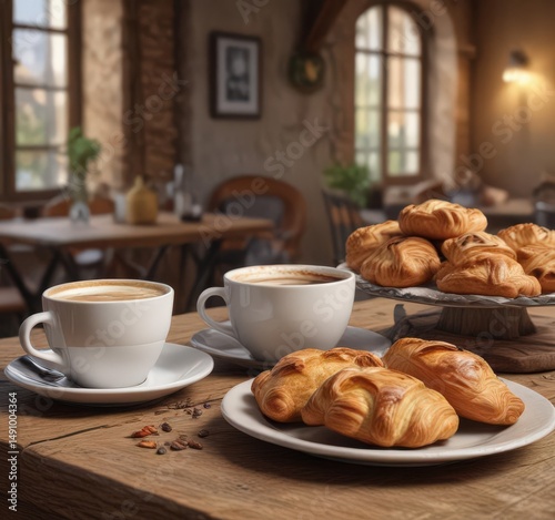 Wallpaper Mural Aromatic coffee and freshly baked pastries in a rustic setting ,  top view,  pastries,  powdered sugar Torontodigital.ca