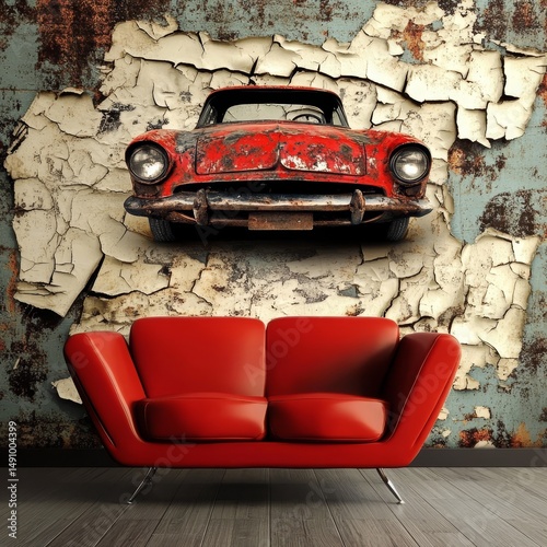 Vintage car in grunge interior with red sofa. 3d render
