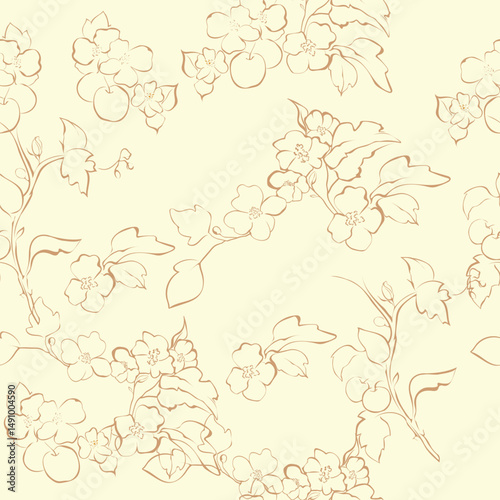 Seamless vector print in romantic style. Delicate spring branches hand-drawn with ink on beige canvas. Add romance and tenderness to your project.