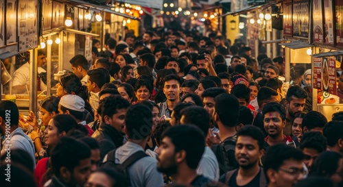 A vibrant crowd of people enjoying street food at a bustling market illuminated by warm lights